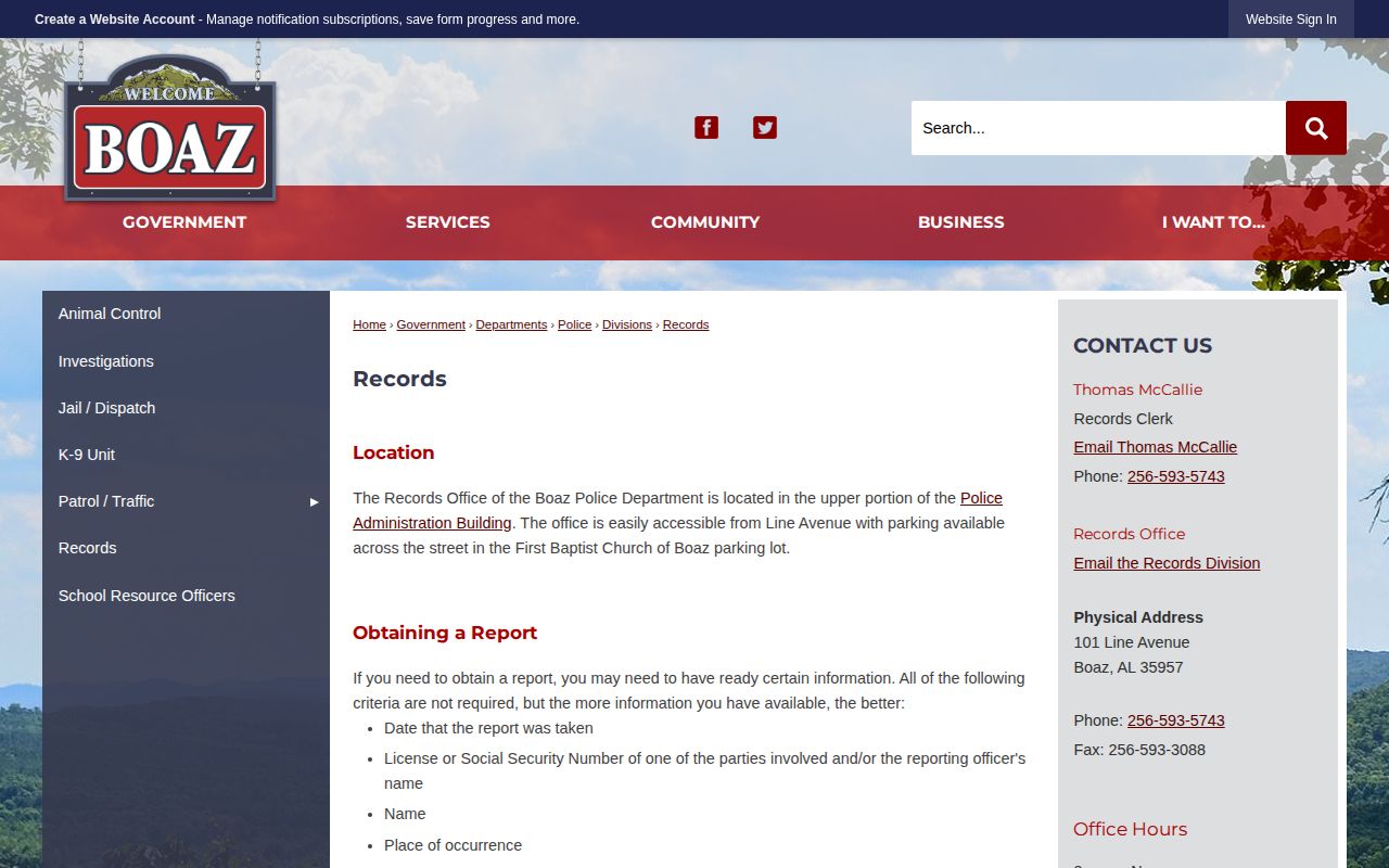 Boaz Police records office request information for local arrest records