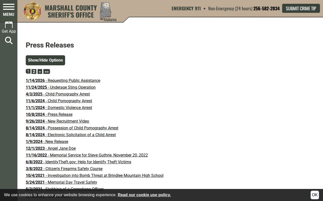 Marshall County Sheriff's Office press releases for wanted and arrest status context